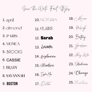 May include: A list of 25 different font styles for "Save the Date" cards. The font styles are numbered 1 through 25 and are written in black ink on a white background.