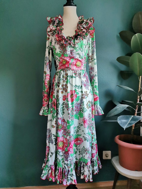 1970s Victor Costa Dress / Ruffle Dress / Floral D