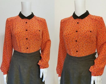 1970s Blouse Silk Floral / 1970s does 1940s / Balloon Sleeves