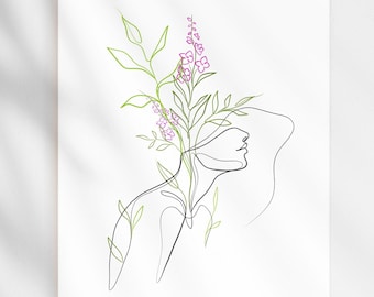 Botanical Wall Art of a Flowerhead Woman, Line Art Print, Floral Art Gift, One Line Drawing, Minimalist Wall Decor, Flower Art