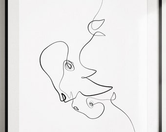 Neushoornkunstafdruk | Kunst aan de muur kinderkamer | Moeder en baby-kunst van With One Line | Neushoorn met kalftekening