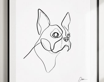 Boston Terrier Gifts for Mom Wall Decor, One Line Art Print by WithOneLine, Tuxedo Dog Portrait