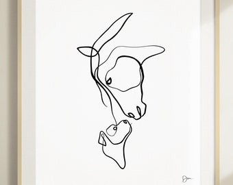 Paard kunstprint, hond muurdecoratie, kunst aan de muur kinderkamer, enkele regel, minimalistische zwart-wit abstract