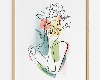 Plant Lady Female Line Drawing, Boho Line Art, Botanical Naked Flowerhead Woman With Flowers Illustration, Giclee Fine Art Print