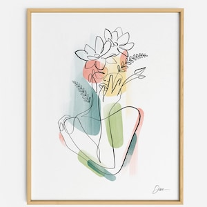 Pflanzen Dame Weiblich Linie Zeichnung, Boho Line Art, botanische nackte Flowerhead Frau mit Blumen Illustration, Giclee Fine Art Print
