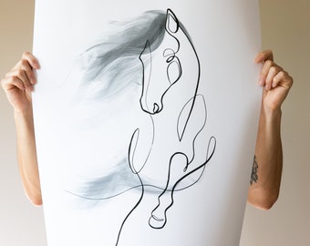 Large Horse Art Drawing, Line and Watercolor Wall Art, Equestrian Giclee Poster Print