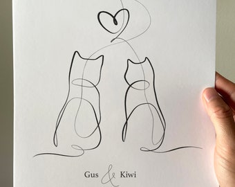Gepersonaliseerde kattenherdenkingsprint, aangepaste kattentekeningcadeau, katten op één regel