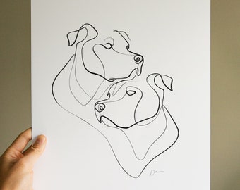 2 Pit Bulls in a Single Line, Pit Bull Drawing by WithOneLine, American Pitbull Terrier, Staffy Dog Print