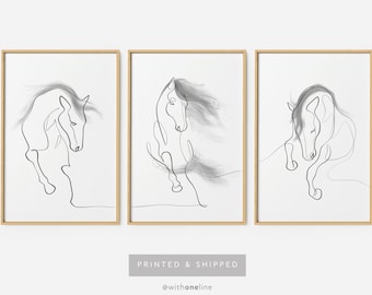 HORSE Wall Art Triptych Set of 3 | Abstract Horse Drawing, Equine Fine Art, Equestrian Decor, Wild Horses Line Art by With One Line