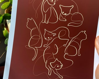 Cat Lady Art Print in Terracotta and Navy Blue, Contour Lines, Modern Art Decor