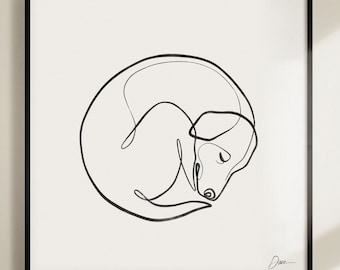 Dog Memorial Portrait Drawing, Dog Lover Gift, Sleeping Dog One Line Art, Black and White Minimalist Print