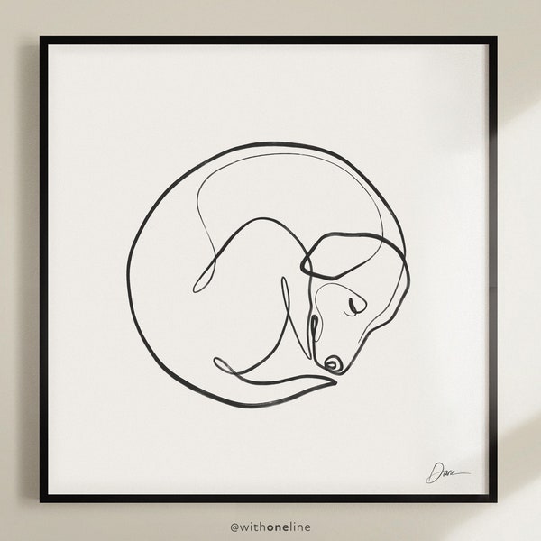 Dog Memorial Portrait Drawing, Dog Lover Gift, Sleeping Dog One Line Art, Black and White Minimalist Print