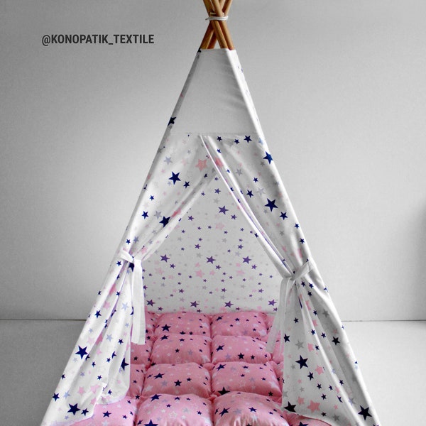 Teepee for kids customized from cotton pink starfall, teepee tent for playing, tipi enfant, childrens teepee, playhouse