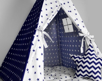 Teepee for kids customized from cotton blue navy stars, teepee tent for playing, tipi enfant, childrens teepee, playhouse