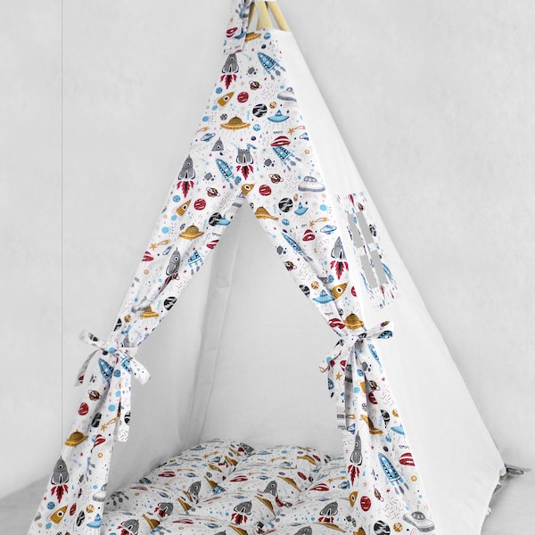 Teepee for kids customized from cotton space rockets, teepee tent for playing, tipi enfant, childrens teepee, playhouse