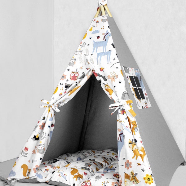 Teepee for kids customized from cotton forest animals gray, teepee tent for playing, tipi enfant, childrens teepee, playhouse