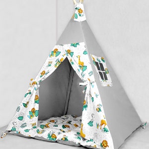 Teepee for kids customized from cotton jungle animals gray, teepee tent for playing, tipi enfant, childrens teepee, playhouse