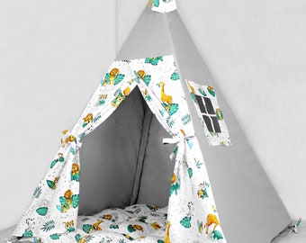 Teepee for kids customized from cotton jungle animals gray, teepee tent for playing, tipi enfant, childrens teepee, playhouse