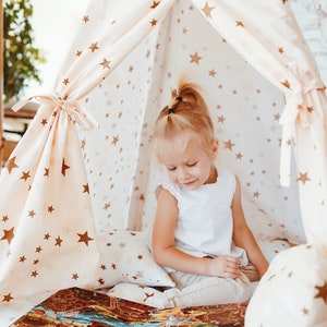 Teepee for kids customized from cotton beige starfall, teepee tent for playing, tipi enfant, childrens teepee, playhouse