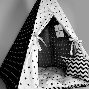 Teepee for kids customized from cotton black stars, teepee tent for playing, tipi enfant, childrens teepee, playhouse