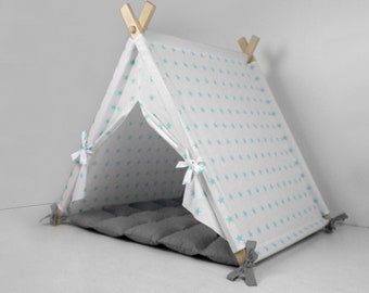 Pet House Mint Stars Grey Mat, Dog Bed, Cat Bed, Pet Bed, Dog Teepee, Dog House, Rabbit House, Cat Teepee, Pet Teepee