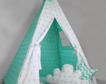 Teepee for kids customized from cotton mint stars, teepee tent for playing, tipi enfant, childrens teepee, playhouse