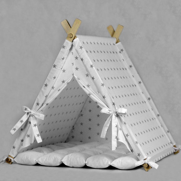 Pet House Gray Stars White Mat, Dog Bed, Cat Bed, Pet Bed, Dog Teepee, Dog House, Rabbit House, Cat Teepee, Pet Teepee