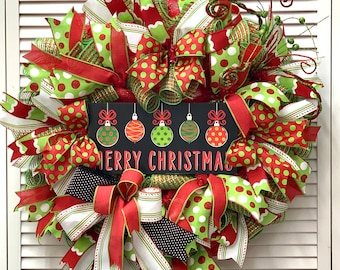 Merry Christmas wreath, Christmas ornament wreath, Holiday wreath, Christmas decor, Christmas wreath for front door, Whimsical Christmas