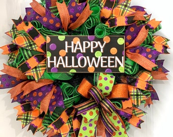Whimsical Halloween Mesh Wreath, Colorful Halloween Decor (26 inch)