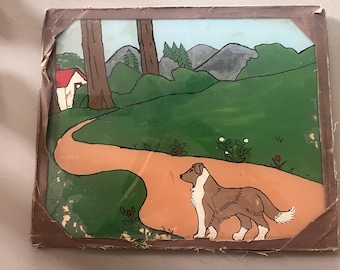 Art deco, folk art, child’s art painting under glass, intriguingly crude, unique, original art