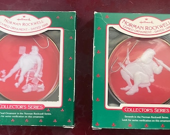 Cameo Norman Rockwell Christmas Ornaments Set of two, Hallmark 1986 and 1988 in boxes