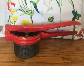 Potato masher ricer, tomato press, red handle, vintage kitchenware