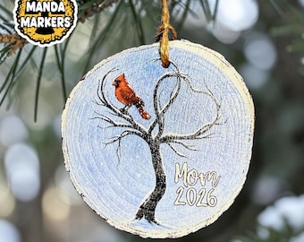 Wooden Slice Full Color Cardinal Custom Christmas Ornament Add Names and Dates