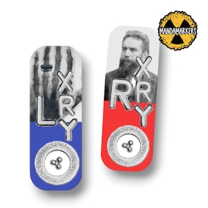 May include: Two rectangular pins with a blue and white design and a red and white design. The pins feature the letters X, R, and Y, and a portrait of a man. The pins have a silver button at the bottom. The text "MANDAMARKERS" is in a yellow circle.