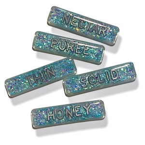 May include: Five rectangular, glitter-filled labels with silver lettering. The labels read "NECTAR", "PUREE", "THIN", "SOLID", and "HONEY". The glitter is a mix of blue, purple, and silver. The labels are slightly transparent.