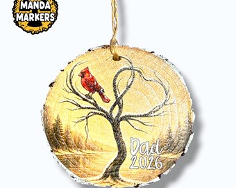 Wooden Slice Full Color Sepia Tone Cardinal Custom Christmas Ornament Add Names and Dates