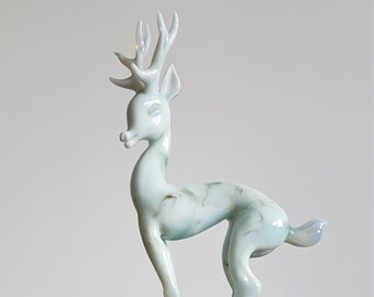 Istvan Komaromy, Art Deco Lampworked Pale Blue ‘Marble’ Glass Stag on Marble Base | 1950s British