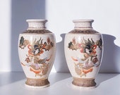 Collectors Antique Vintage Pair of Japanese Showa - Taisho Period Moriage Decor Satsuma Vases