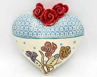 Handmade Porcelain Heart with Flowers and Roses - wall hanging