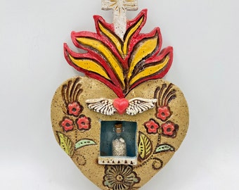 Handmade pottery Heart Nicho with Flames and Cross