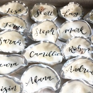 Beach Combed Oyster shell place cards / name place settings / wedding favours / gold theme / silver theme/ copper theme / rose gold theme image 6