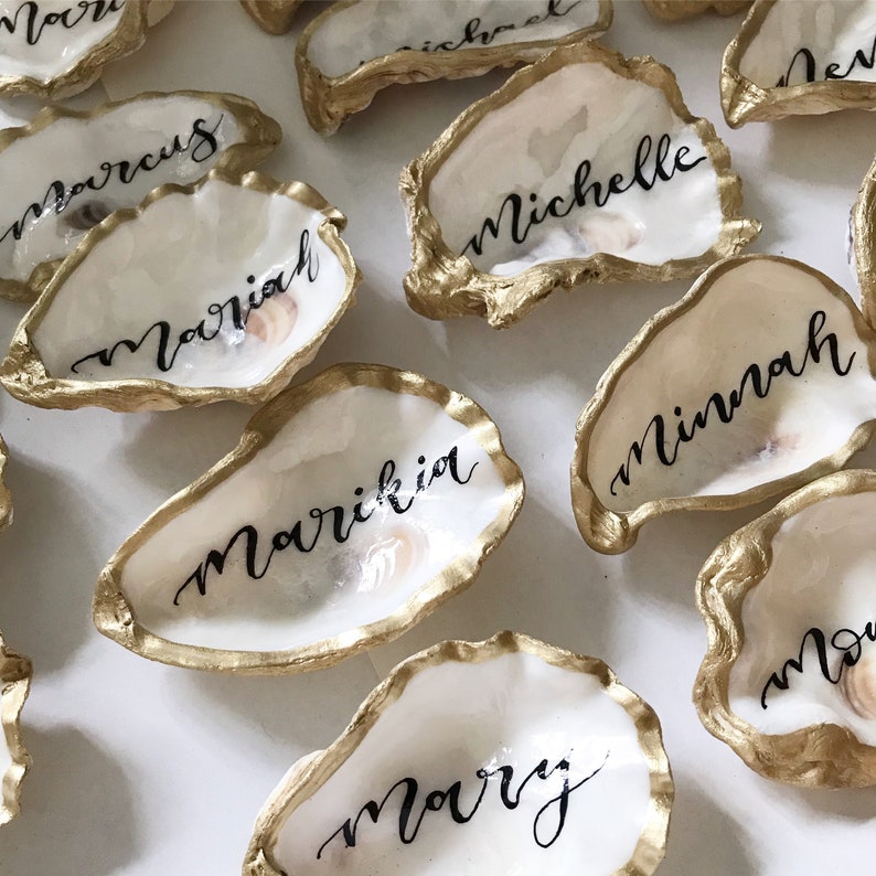 Beach Combed Oyster shell place cards / name place settings / wedding favours / gold theme / silver theme/ copper theme / rose gold theme image 7