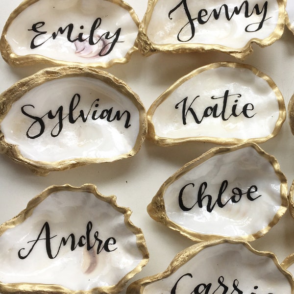 Beach Combed Oyster shell place cards / name place settings / wedding favours / gold theme / silver theme/ copper theme / rose gold theme
