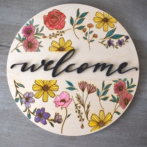 Hand Painted Watercolor Floral Welcome Round Wooden Sign
