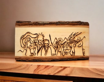 Laser engraved wood slice inspired by ATLA Sokkas Drawing