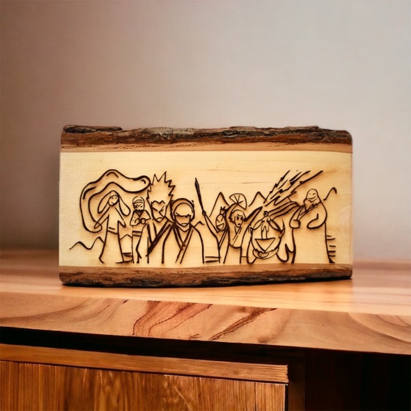 Rebanada de madera grabada con láser inspirada en el dibujo de ATLA Sokkas