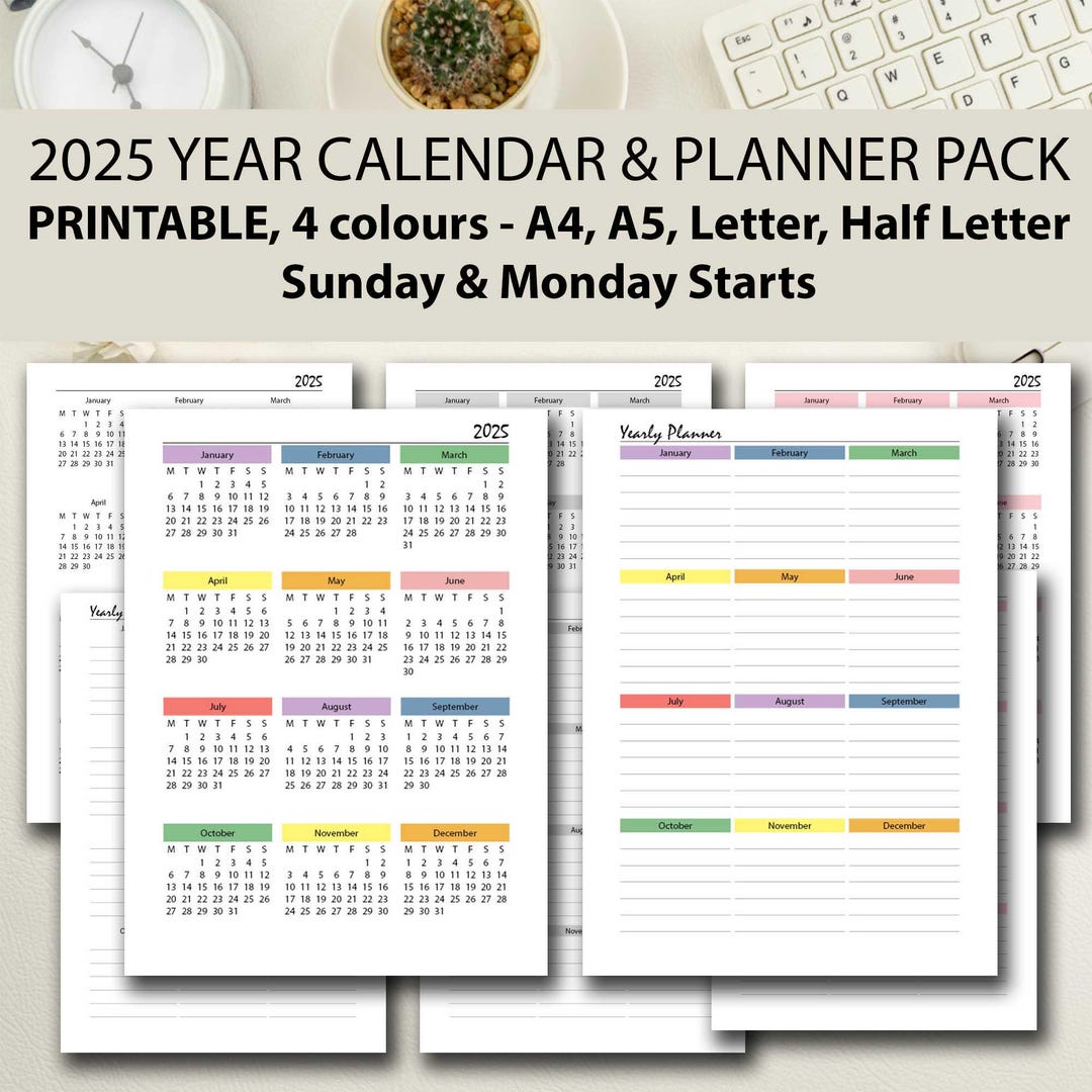 2025 Year Calendar Printable Planner Pack, 2025 Monday Start, A4/a5 ...