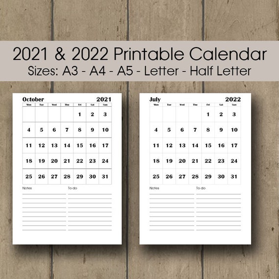 Printable Wall Calendar 2021 A3 Desk Calendar 2021 2022 Etsy