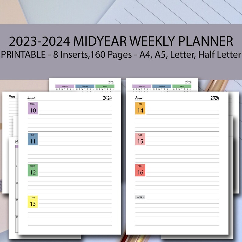 20232024 Planner Printable Midyear Rainbow BUNDLE, A5/A4/US Half