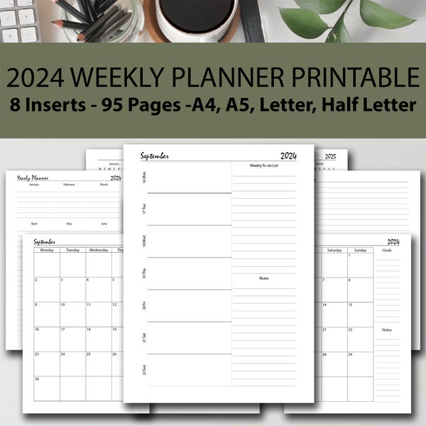 2024 Weekly Planner Printable BUNDLE, Week on 1 Page, 2024 Weekly Agenda, A4/A5/Half Letter/Letter, Filofax Insert, 2024 Weekly Schedule